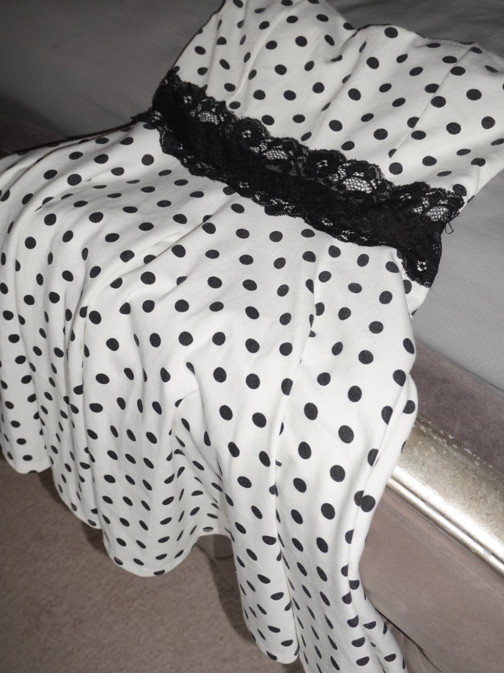 Polka Dot Strapless Dress with Black Lace Waist